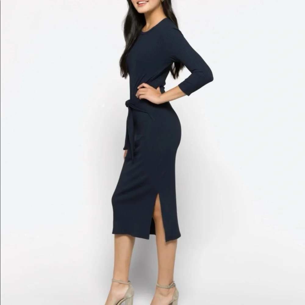 Amour Vert Colombe Midi Dress Paris Rib Size S Navy Blue 3/4 Sleeve Belt Stretch